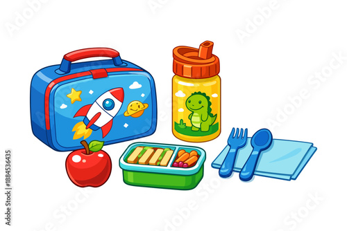 Colorful kids lunch set with rocket lunchbox and dinosaur water bottle.