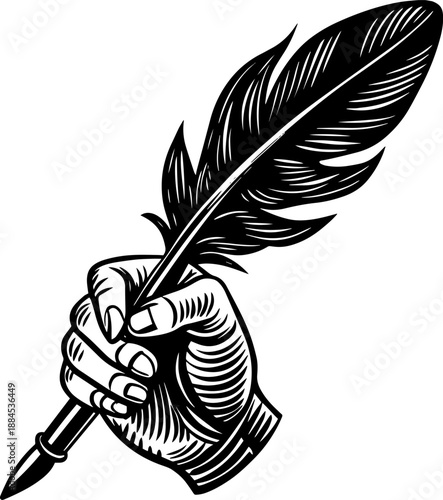 A vintage engraving style illustration of a hand writing with a feather pen.