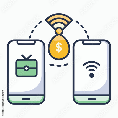 a colorful illustration depicting mobile devices wirelessly transferring money through wifi signals showcasing digital finance and transactions