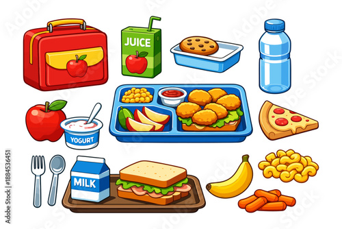 Colorful school lunch illustration with various snacks and drinks.