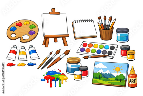 Colorful art supplies collection: paints, brushes, palette, and canvas for creative projects.