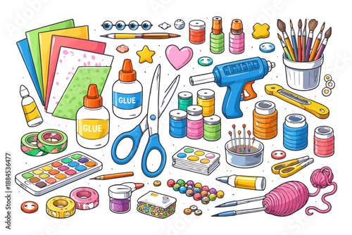 Colorful arts and crafts supplies collection for creative projects.