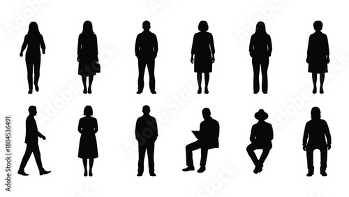 Silhouettes of people in various poses isolated on white background, Vector
