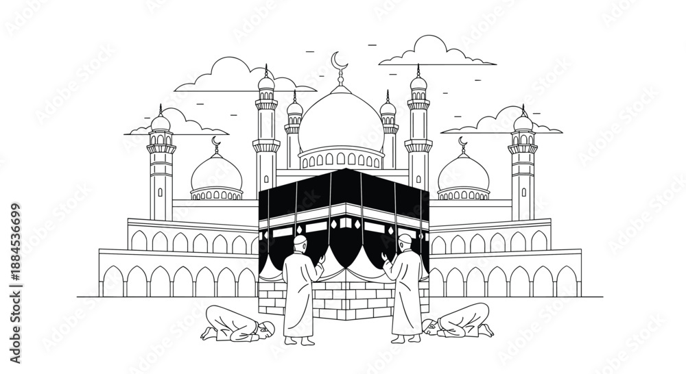 Fototapeta premium A black and white line art illustration of Muslim pilgrims praying at the Kaaba in Mecca during the Hajj or Umrah, with a grand mosque behind.