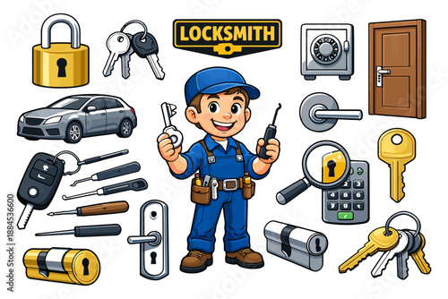 Locksmith tools and cartoon technician surrounded by locks and keys.