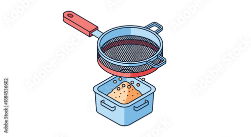 Isometric illustration of a metal sieve with a red handle being used to sift flour or powder into a container below.