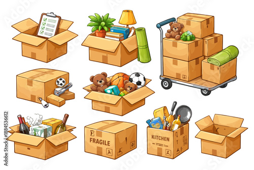 Collection of packed cardboard boxes with various household items for moving day.