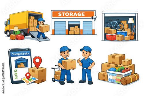 Cartoon storage solutions with workers and packed garage.