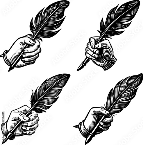 Set of A vintage engraving style illustration of a hand writing with a feather pen.