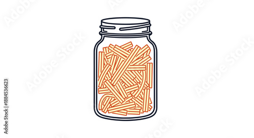 Simple line art illustration of a glass jar filled with uncooked pasta, perfect for kitchen decor or food-related designs.