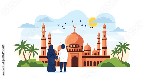 Muslim couple in traditional clothing holding hands and walking towards a beautiful mosque for prayer during a sunny day.