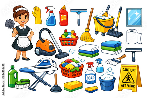 Female cartoon maid with cleaning supplies and equipment.
