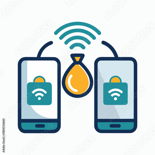a colorful icon depicting two smartphones connected wirelessly to a money bag symbolizing digital transactions and financial technology