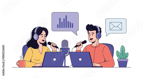 Male and female podcast hosts collaborating on a show, using laptops and microphones to record their engaging conversation.