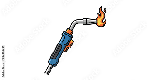 Cartoon illustration of a welding torch with a bright orange flame, a tool used for metalwork, construction, and repairs.