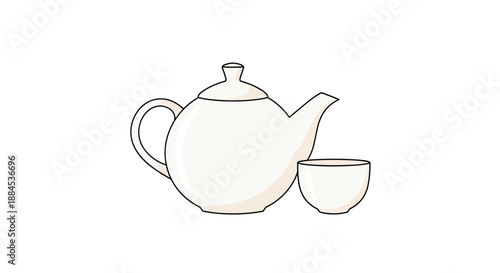 A simple and elegant white ceramic teapot with a matching traditional teacup, isolated on a plain background for a clean and minimalist design concept.