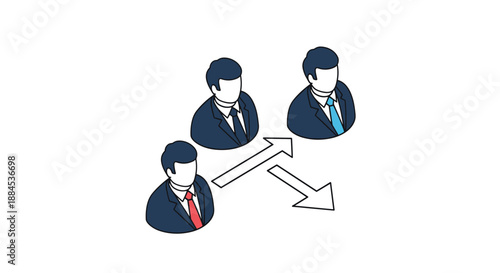 An isometric illustration of three businessmen icons with arrows indicating communication flow, representing delegation and teamwork in a corporate structure.