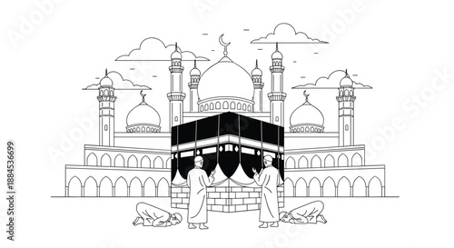 A black and white line art illustration of Muslim pilgrims praying at the Kaaba in Mecca during the Hajj or Umrah, with a grand mosque behind.