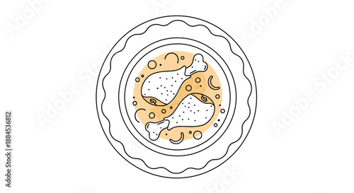 A minimalist top-down line art illustration of a warm bowl of chicken soup or stew, featuring two delicious-looking chicken drumsticks.