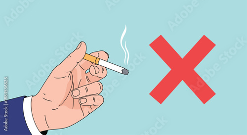 A clear and direct illustration of a hand holding a lit cigarette next to a large red cross mark, symbolizing a no-smoking policy.