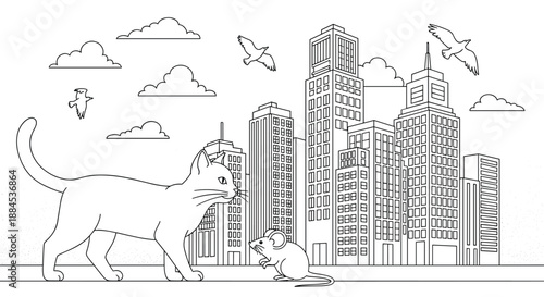 A whimsical black and white line art coloring page of a giant cat and a tiny mouse having a standoff in front of a modern city skyline.