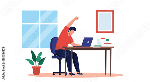 A man working from home on a laptop takes a short break to stretch at his desk, promoting wellness and preventing office-related pain.