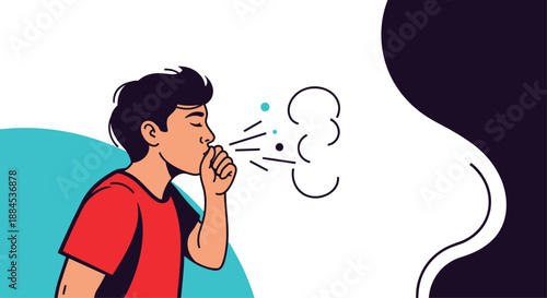 An illustrative graphic of a person coughing or sneezing, spreading germs and droplets, highlighting the risk of airborne virus transmission.