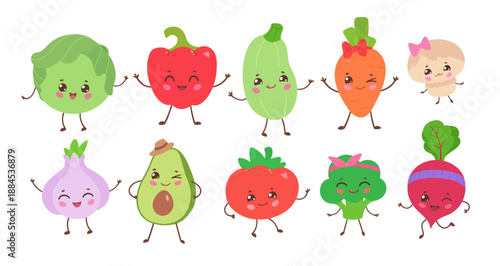 Vector illustration of cute vegetables with smiling faces and accessories. Flat isolated food characters object set.