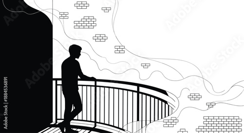 A dramatic black and white silhouette of a pensive man standing on a balcony, with an abstract background of dissolving brick walls.