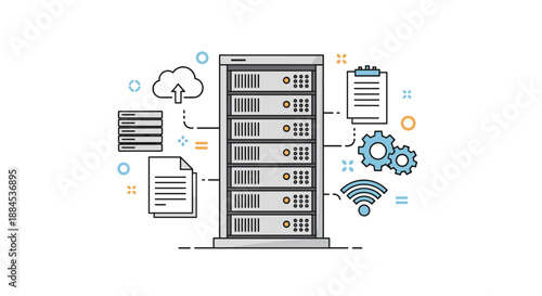 A detailed line art illustration of a network server rack connected to various icons like cloud computing, database, and wi-fi technology.