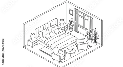 An isometric line art illustration of a cozy and well-decorated bedroom interior, with a bed, armchairs, plants, and a window.