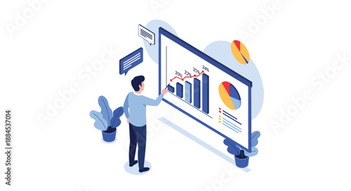 An isometric illustration of a data analyst or businessman presenting financial data on a large interactive screen with various charts and graphs.