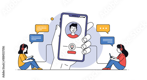 A modern communication concept with two women listening on headphones to a man's podcast or voice chat hosted on a large smartphone.