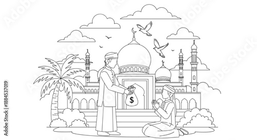 A line art illustration depicting Islamic charity (Zakat or Sadaqa), with one Muslim man giving money to a poor man before a mosque.