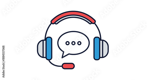 Colorful flat icon of a headset with a microphone and a speech bubble, symbolizing customer support, communication, and online help.
