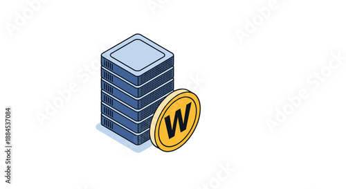 Isometric illustration of data servers stacked next to a large gold coin, symbolizing data monetization, hosting costs, or cryptocurrency.