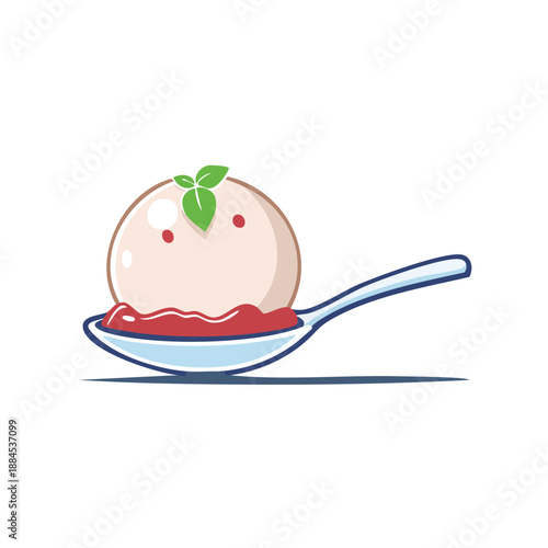 A cartoon dessert with a smiling face on a spoon, featuring strawberry sauce and garnished with a mint leaf.