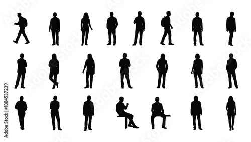 Collection of silhouetted figures in various poses isolated on white background, Vector