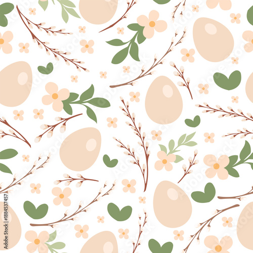 Seamless vector Easter pattern with pastel eggs, spring flowers and pussy willow branches in a modern minimalist Scandinavian palette—perfect for wrapping paper, packaging, stationery, textiles