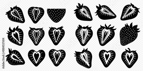 Set of black and white strawberry silhouettes, whole and sliced, with detailed seeds and pulp, isolated on transparent background.