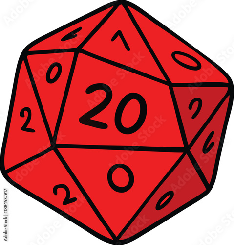 A vibrant red twenty sided die showcasing its numbered faces in a