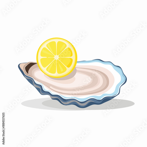 Oyster shell with lemon slice on a plate, viewed from above, in a culinary setting