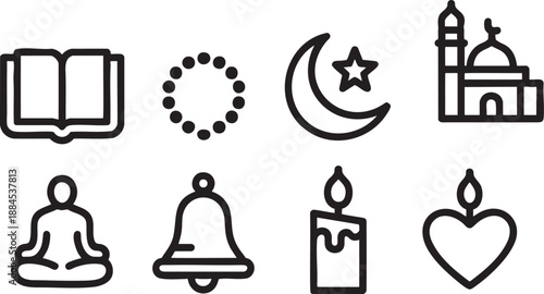 Various religious symbols including an open book, a rosary, a crescent moon with a star, a mosque, a meditating person, a bell, a candle