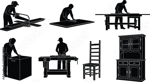 Carpenter Woodworker Silhouette Workshop Craft Woodworking Tools Furniture Making Labor Manual Work Industry Construction Vector Illustration Black Isolated Set