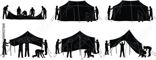 Camping Tent Setup People Silhouettes Teamwork Outdoor Adventure Shelter Assembly Hiking Travel Nature Survival Black Vector Illustration Collection