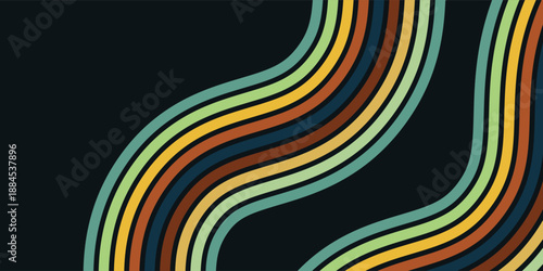 Abstract colorful 70s background vector. Vintage retro wallpaper with rainbow stripes and wavy lines. A 1970 color illustration suitable for posters, banners, decorative items and wall art.