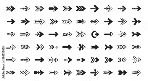 A comprehensive collection of diverse arrow icons and symbols in black and white, suitable for web design and user interfaces.