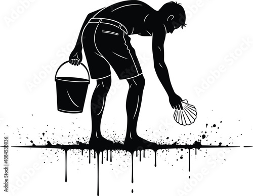 Cleaning Cleaner Washing Hygiene Sanitation Worker Labor Silhouette Man Scrubbing Bucket Brush Maintenance Janitor Housekeeping Mess Spill Dirty Grunge Splash Drip Illustration