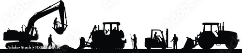 Construction Excavator Bulldozer Machinery Workers Silhouette Industrial Equipment Engineering Labor Heavywork Site Building Infrastructure Development Vector Illustration Design