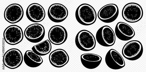 Set of passion fruit halves, black silhouettes isolated on transparent background. Vector illustration of tropical fruit in flat style.